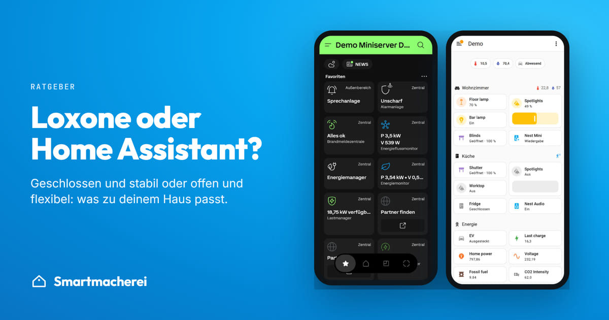 Zwei Handys nebeneinander: links die Loxone App, rechts das Home Assistant Dashboard