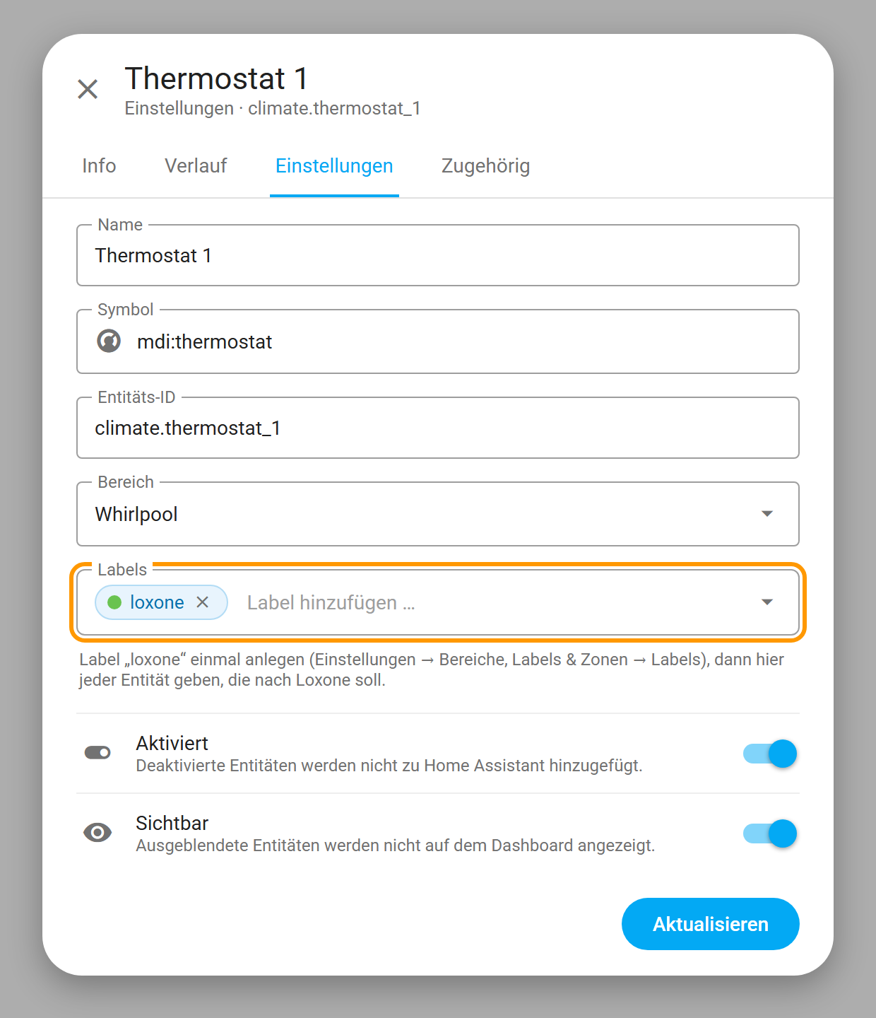 Einstellungsdialog einer Thermostat-Entität in Home Assistant mit dem Label loxone im Feld Labels