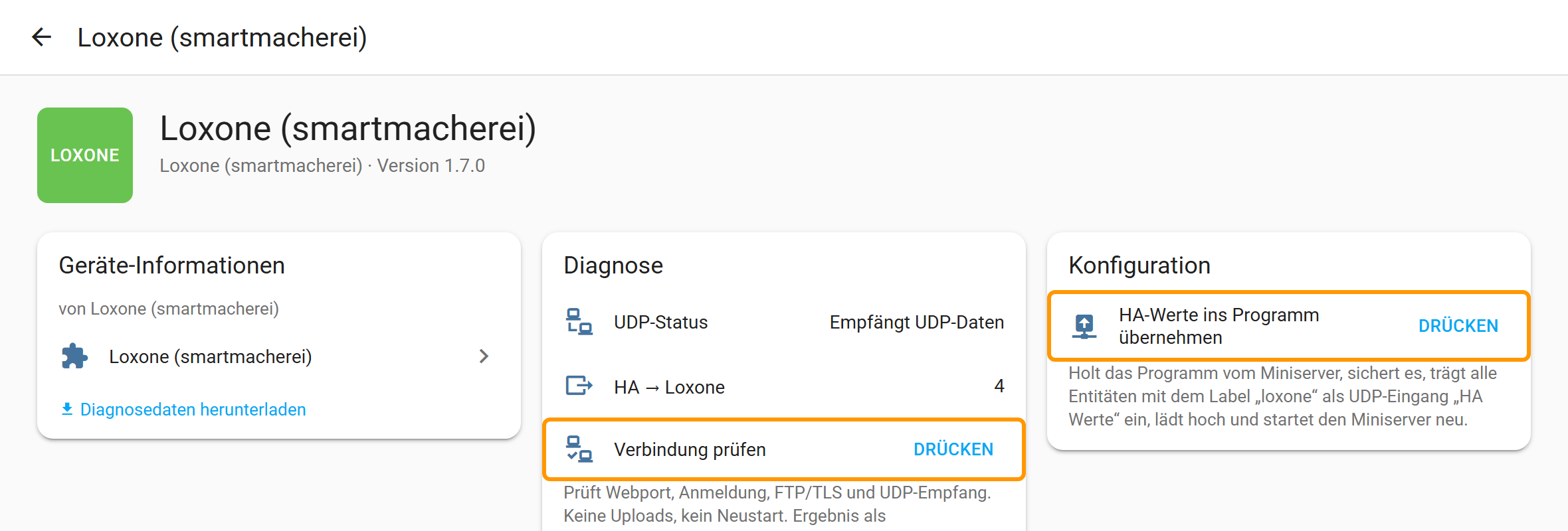 Integrationskarte von Loxone in Home Assistant mit UDP-Status, Sensor HA → Loxone und den Knöpfen Verbindung prüfen und HA-Werte ins Programm übernehmen