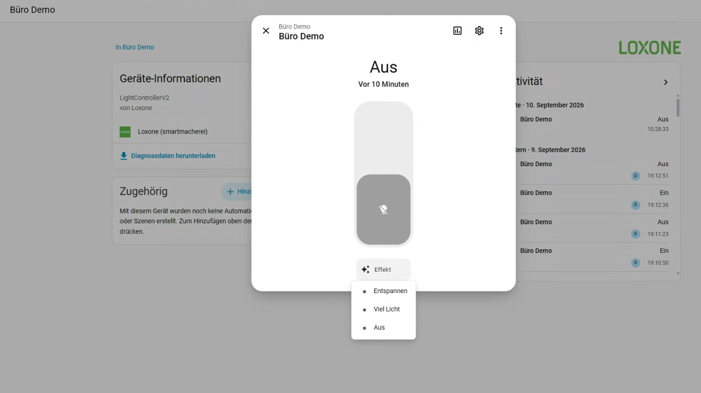 Licht-Entität der Loxone-Lichtsteuerung Büro Demo in Home Assistant mit den Stimmungen Entspannen, Viel Licht und Aus als Effekte