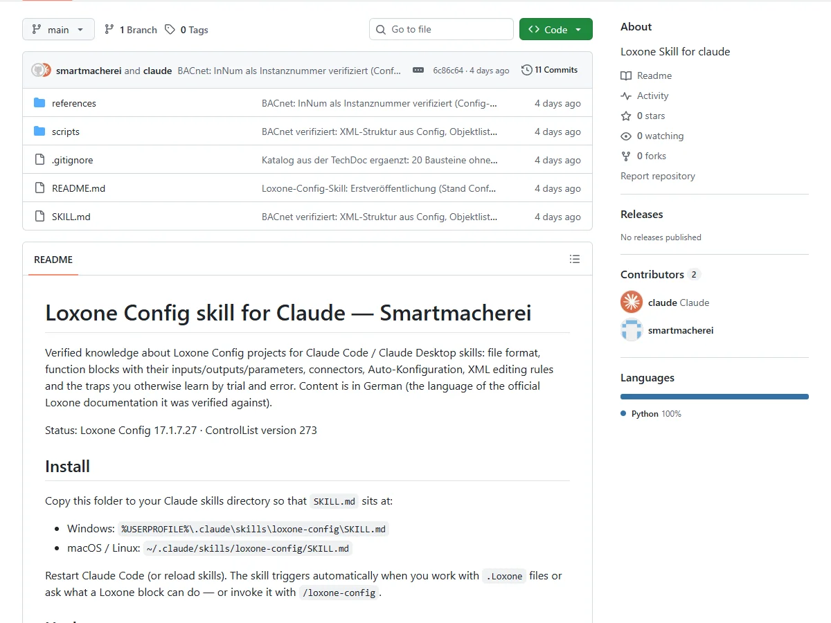 Echte GitHub-Ansicht des Loxone-Skills mit SKILL.md, Referenzen und Skripten