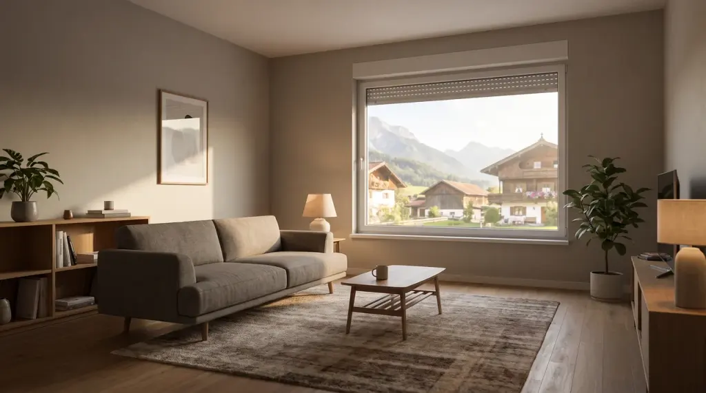 Illustration: Wohnzimmer mit teilweise geschlossenen Rollläden gegen die Sonne.