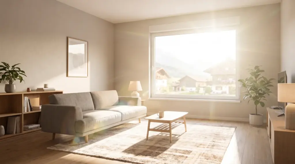 Illustration: Direkte Sonne fällt durch das unbeschattete Wohnzimmerfenster.