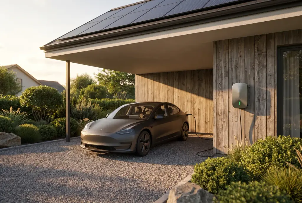 Illustration: Elektroauto an der Wallbox unter einem Dach mit Photovoltaik.