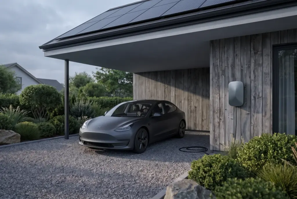 Illustration: Elektroauto neben der Wallbox in der Abenddämmerung.