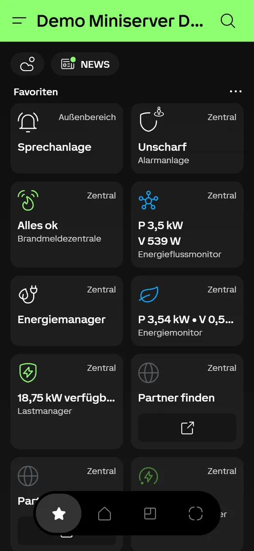 Loxone App am Handy: Favoriten mit Sprechanlage, Alarmanlage, Energieflussmonitor, Energiemanager und Lastmanager