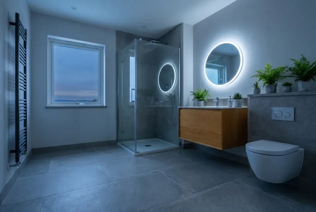 Illustration: Badezimmer in kühlen Farbtönen als Beispiel für einen ungeheizten Raum.