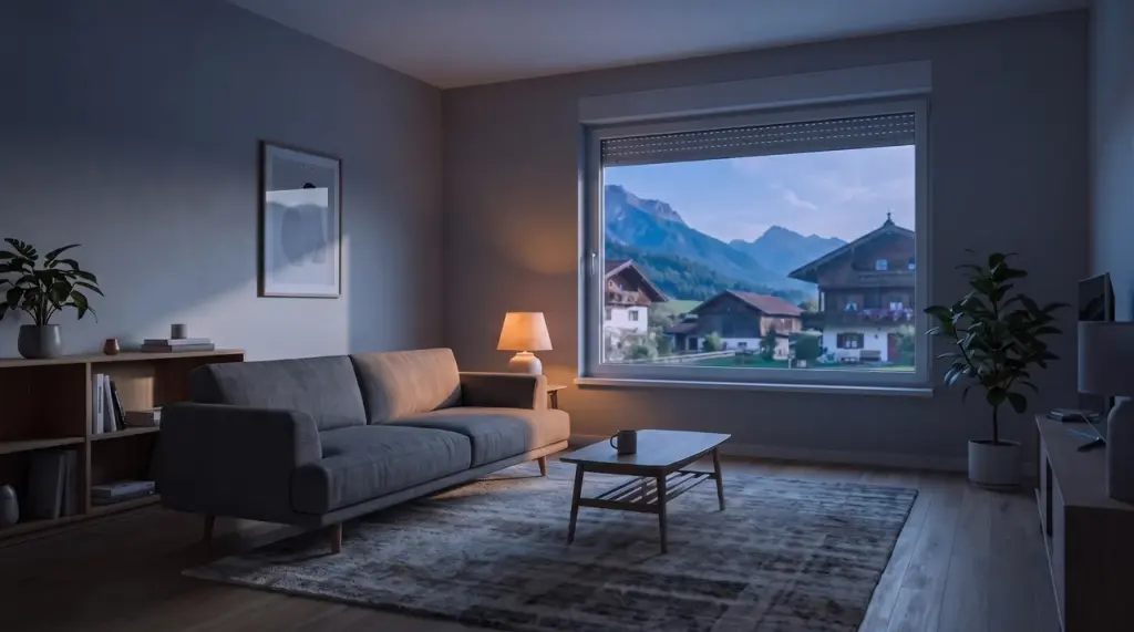 Illustration: Wohnzimmer mit eingeschalteter Stehlampe am Abend.