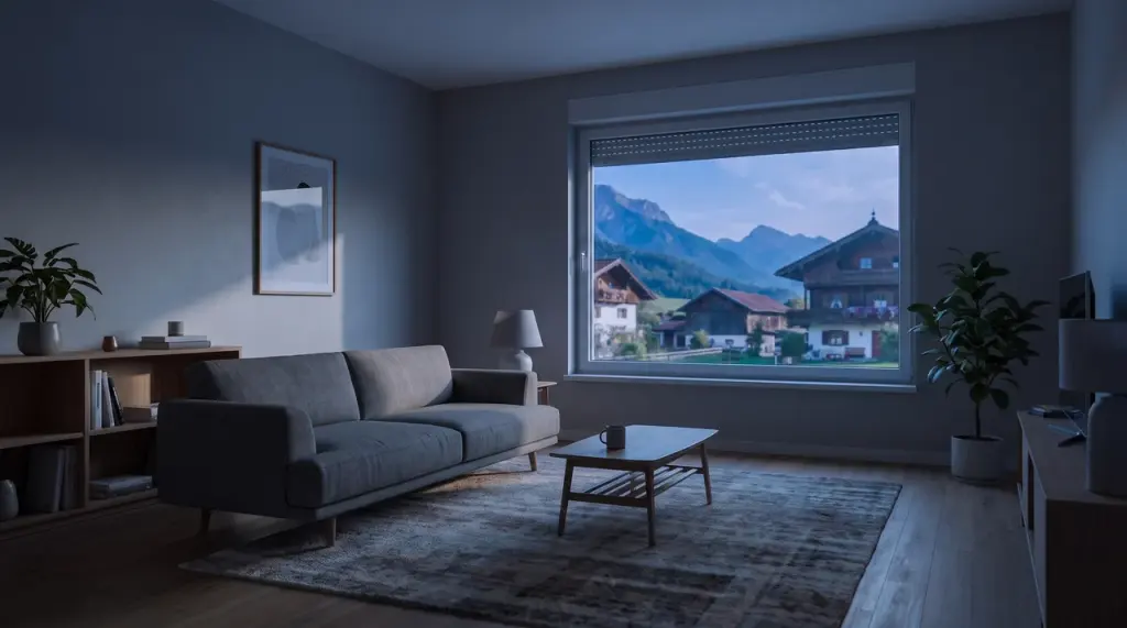 Illustration: Wohnzimmer mit ausgeschalteter Stehlampe am Abend.