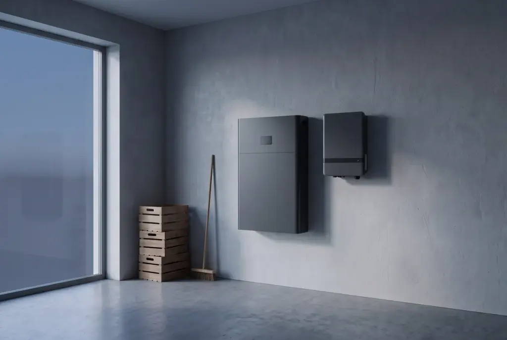 Illustration: home battery and inverter without an illuminated status indicator.
